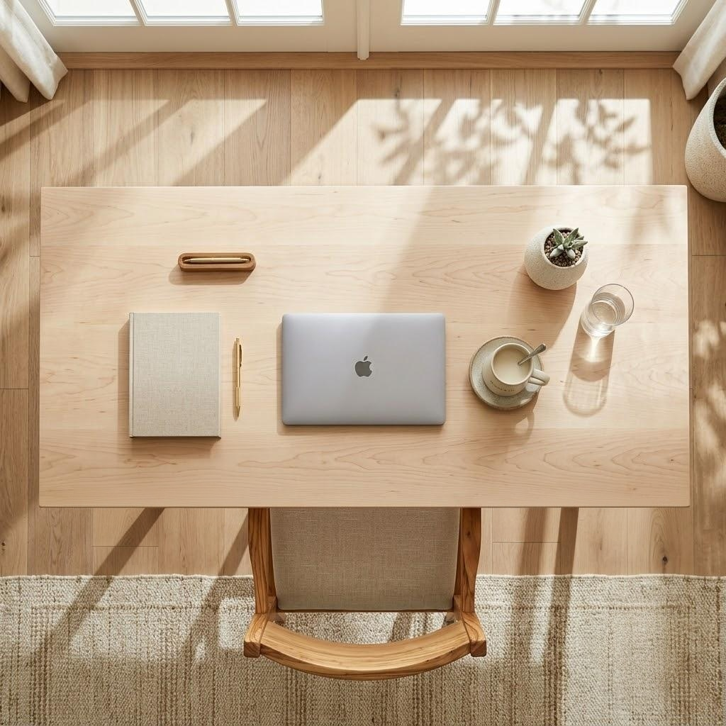A top-down view of a light oak wooden desk with a matching wooden chair, styled with a closed silver laptop, notebook, pen, glass, and small potted plant on a woven rug in a sunlit room.