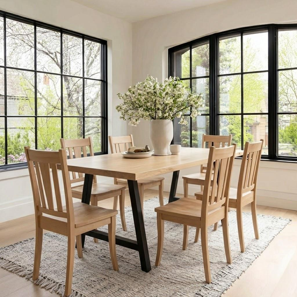 Dining room with wooden table and chairs, large windows, and a vase of flowers.