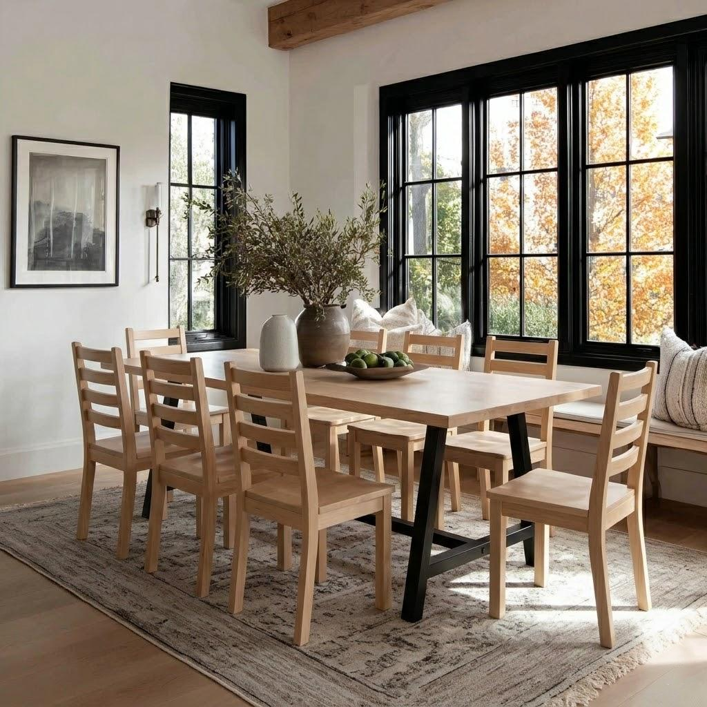 Dining room with wooden table and chairs, large window, and rug.