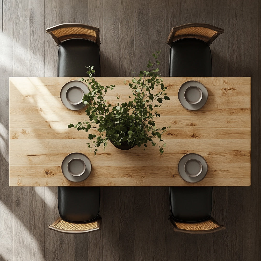 A well-appointed dining room featuring a large rectangular dining table with a wood finish, surrounded by light-colored chairs with metal legs. The room has a modern aesthetic with a straight-line design and a minimalist decor style.