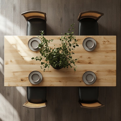 A well-appointed dining room featuring a large rectangular dining table with a wood finish, surrounded by light-colored chairs with metal legs. The room has a modern aesthetic with a straight-line design and a minimalist decor style.