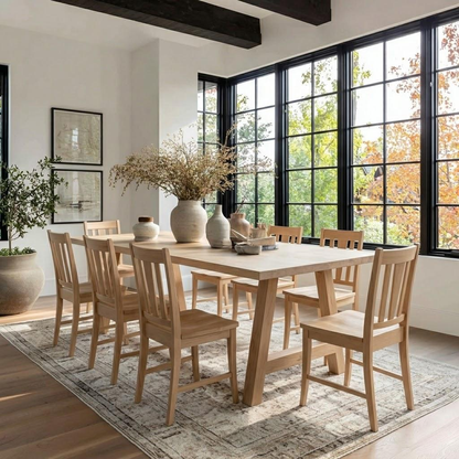 Dining room with wooden table and chairs near large windows with a view of trees.