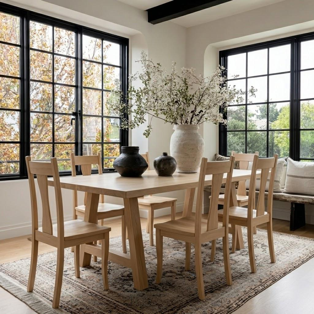 Dining room with wooden table and chairs, large windows, and decorative elements.