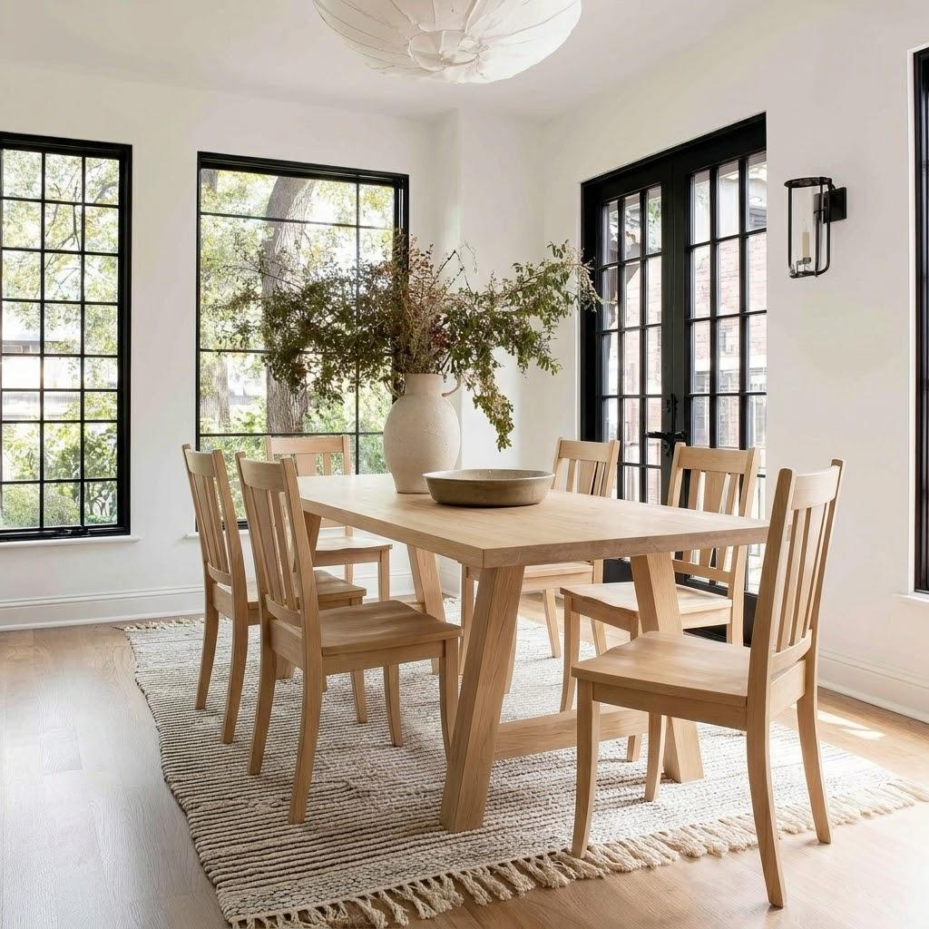 Dining room with wooden table and chairs, large windows, and a vase with flowers.
