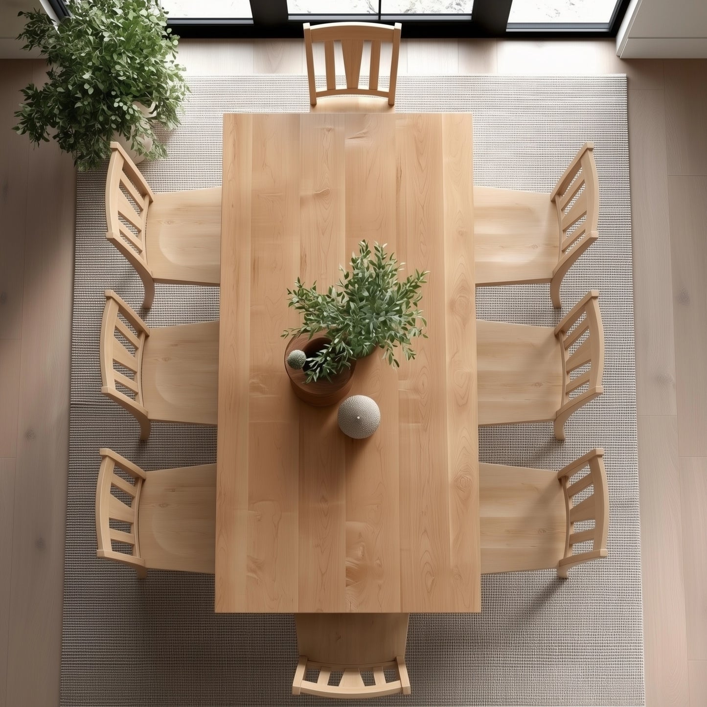 Wooden dining table with chairs and a plant in a room with large windows.