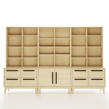 3 section maple bookcase with multiple shelves and drawers set on a white background