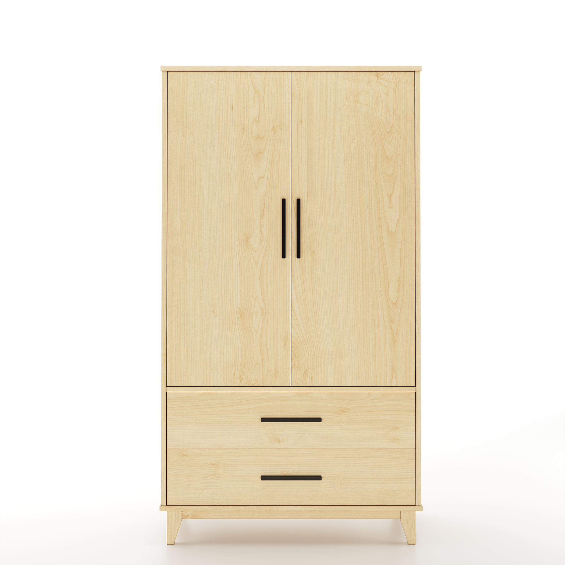 An armoire made of maple with 2 drawers and 2 doors on a white background
