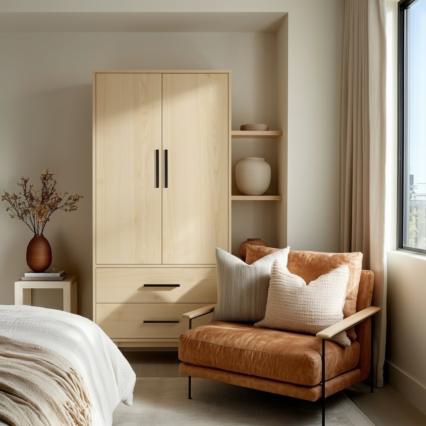 Modern bedroom with wooden wardrobe, brown chair, and decorative elements.