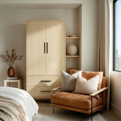 Modern bedroom with wooden wardrobe, brown chair, and decorative elements.