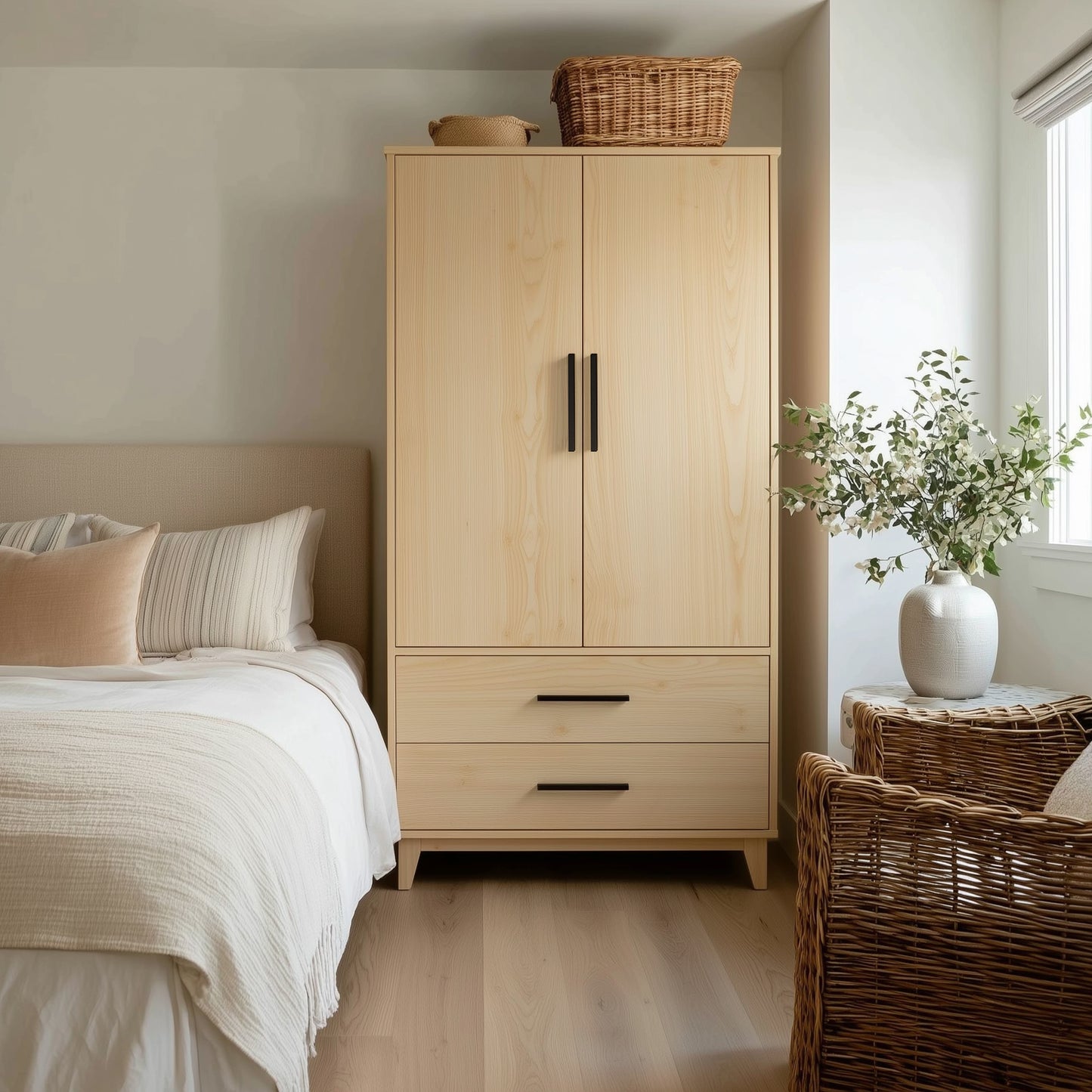 Wooden wardrobe in a bedroom with a bed and decorative items.