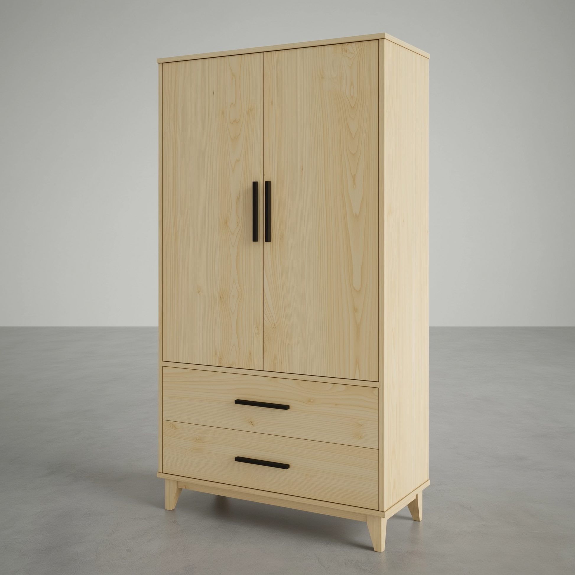 Light wood wardrobe with two doors and two drawers on a gray background