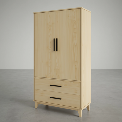 Light wood wardrobe with two doors and two drawers on a gray background