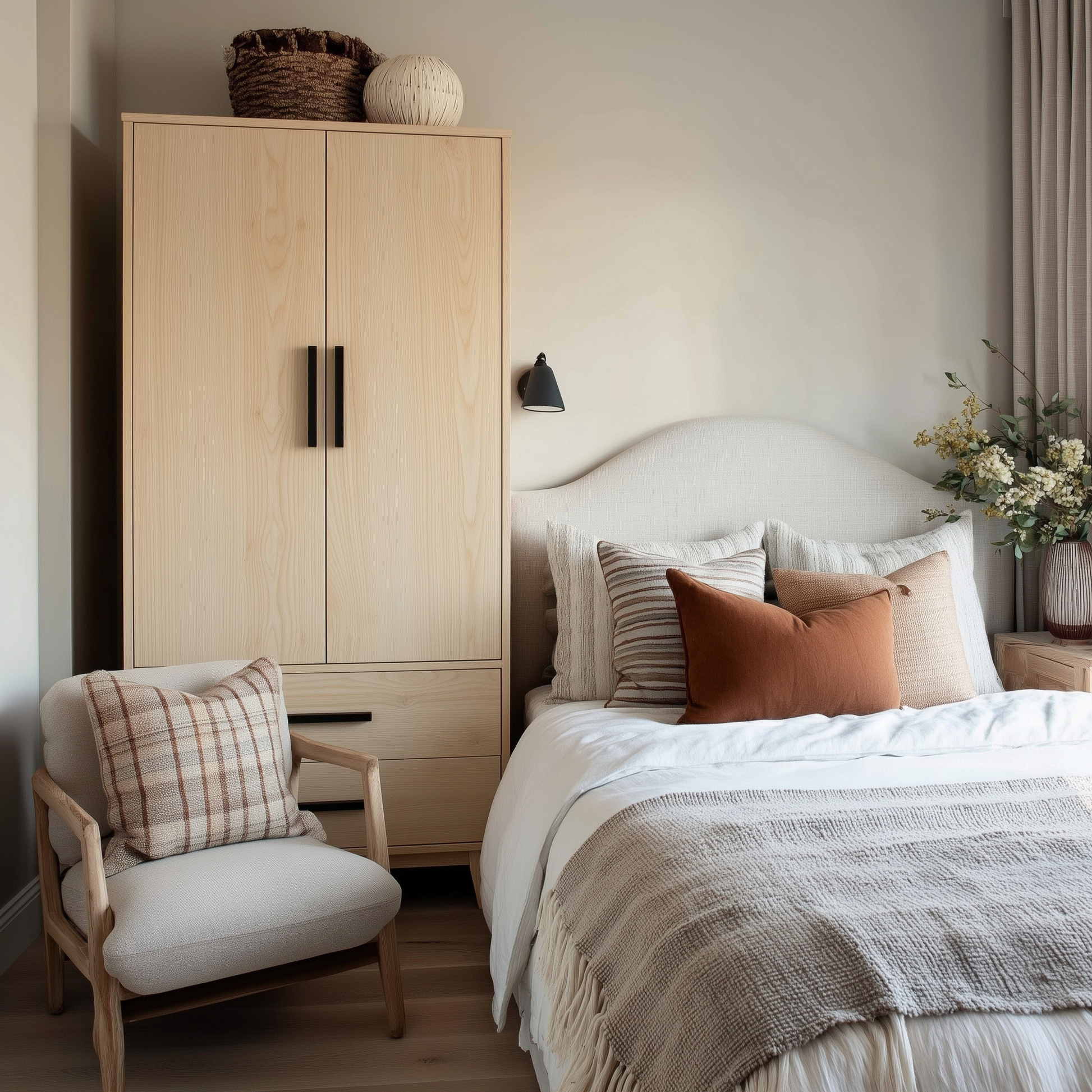Modern bedroom with wooden wardrobe, chair, and decorative elements.