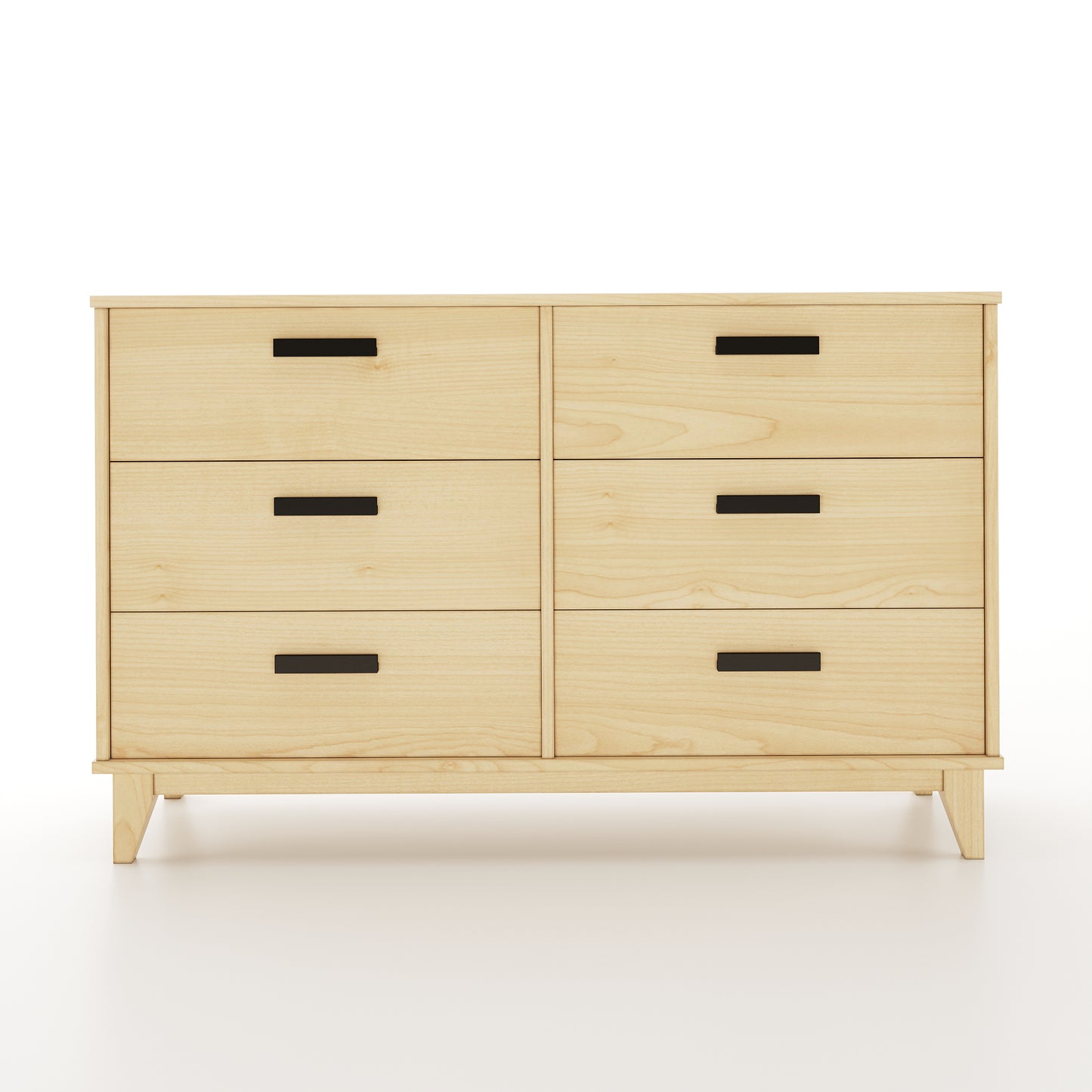 Wooden dresser with six drawers on a white background