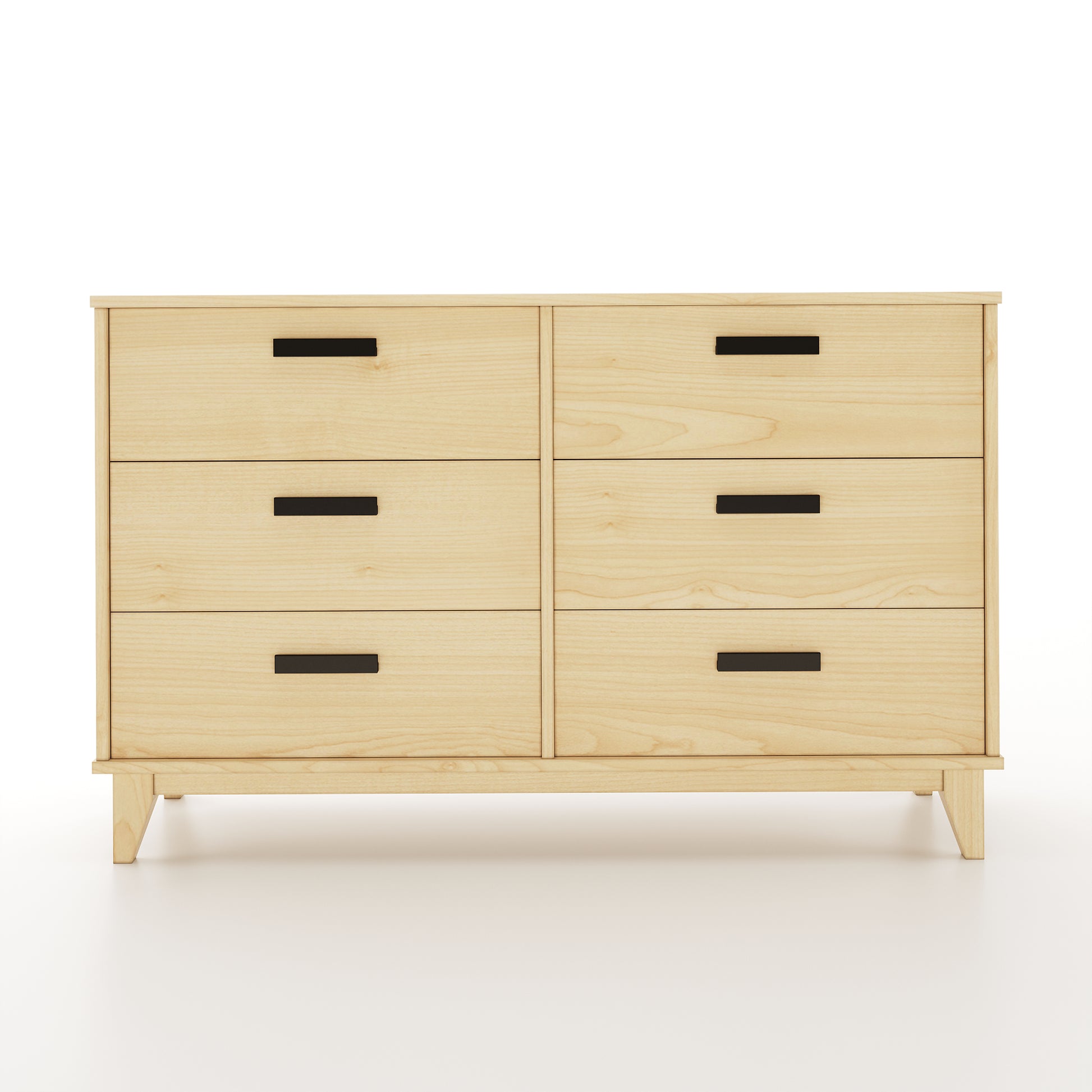 Wooden dresser with six drawers on a white background