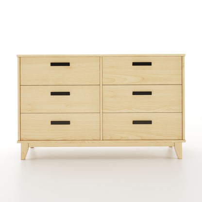 Wooden dresser with six drawers on a white background
