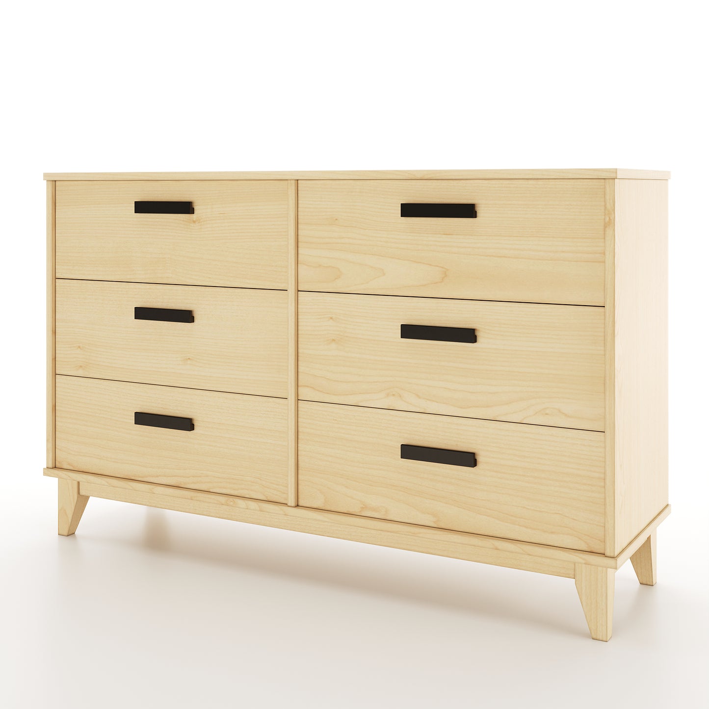 Light wood dresser with black handles on a white background