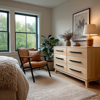 Neatly arranged bedroom with wooden dresser, chair, and large windows.
