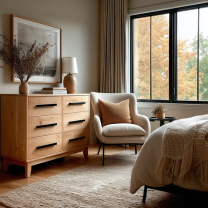 Nursery room with wooden dresser, armchair, and large window.
