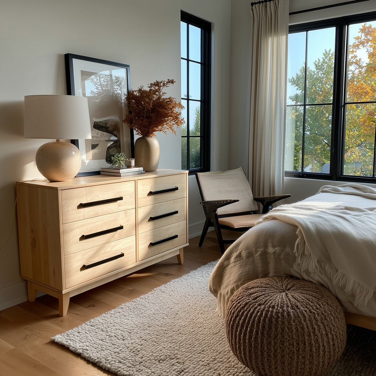 Nestled bedroom with maple Astoria dresser, lamp, and chair by a large window.