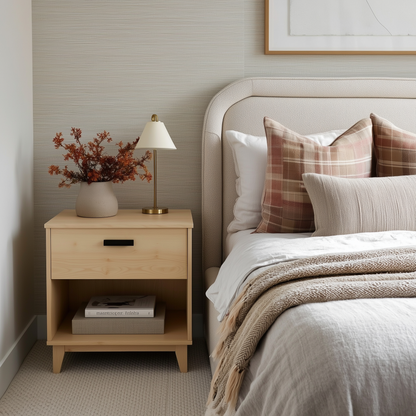 Bedroom with wooden nightstand, lamp, and bed with plaid pillows.