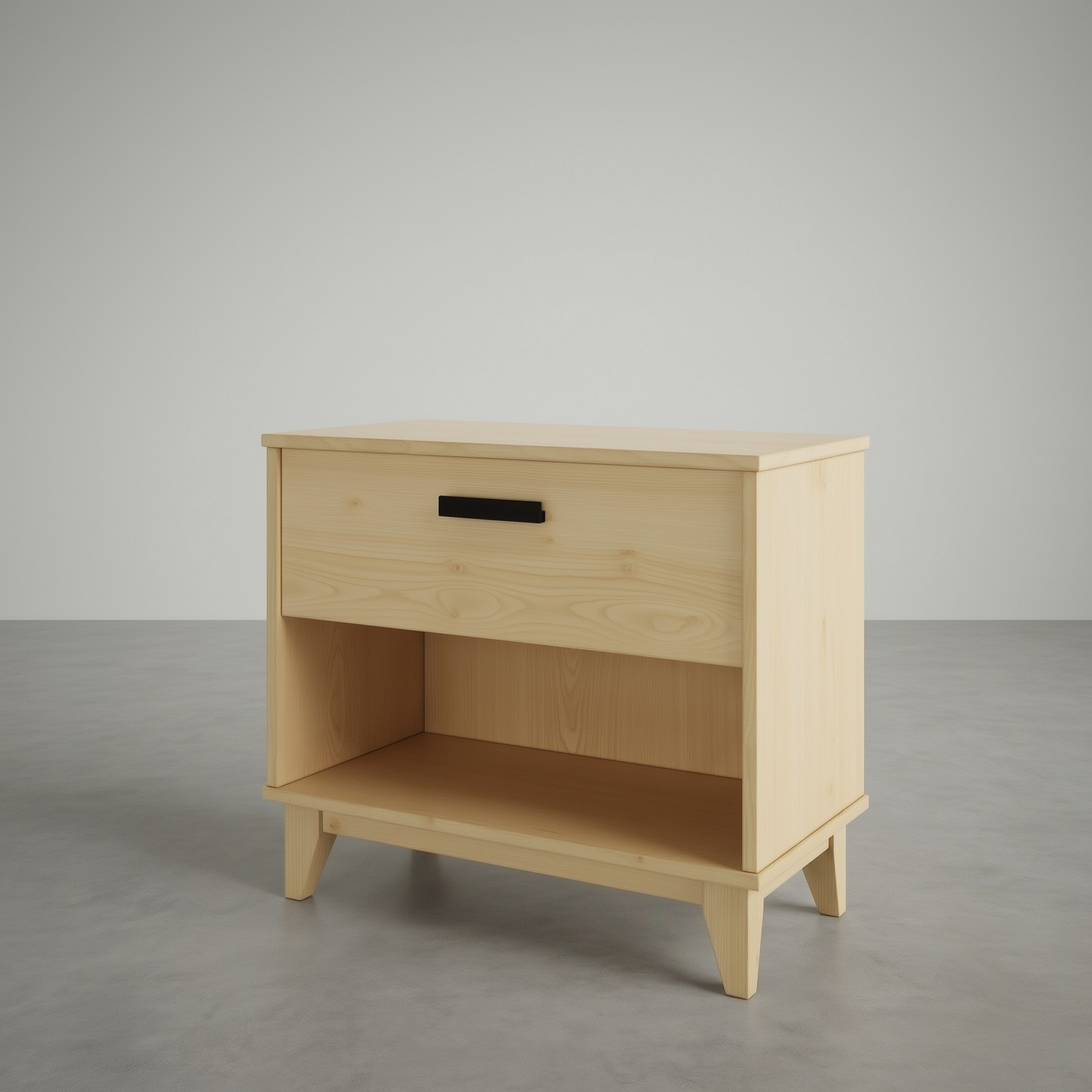 Wooden nightstand with a drawer on a gray background