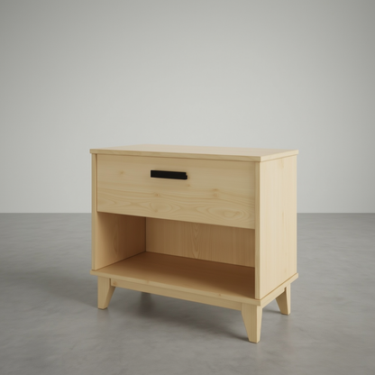 Wooden nightstand with a drawer on a gray background