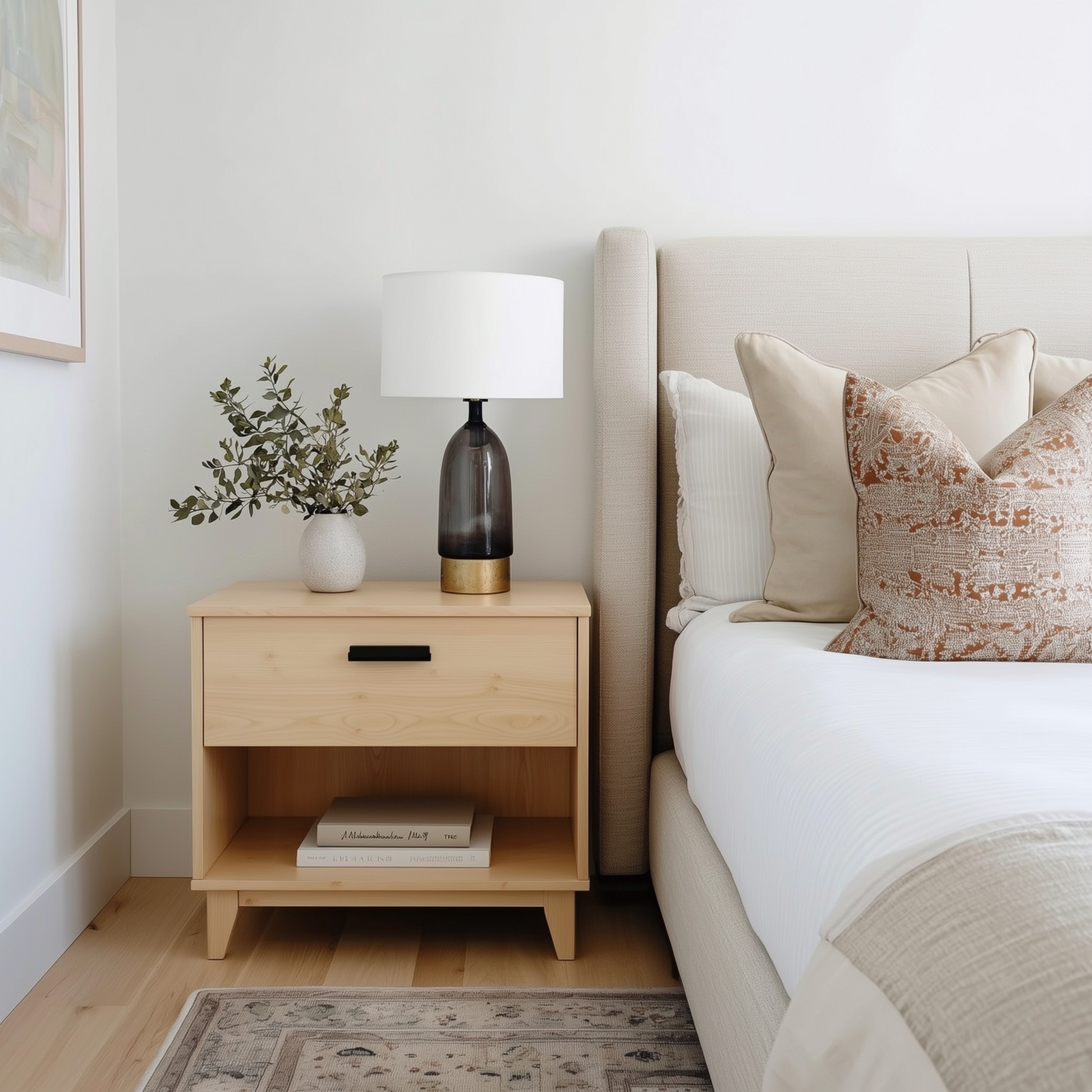 Bedroom with wooden nightstand, lamp, and bed with pillows.