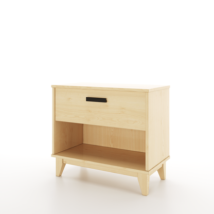 A nightstand made of maple featuring one drawer and one shelf on a white background