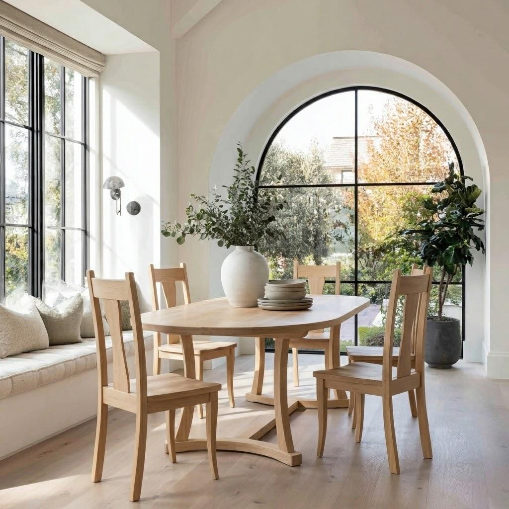 Dining area with wooden table and chairs in a bright room with large windows.