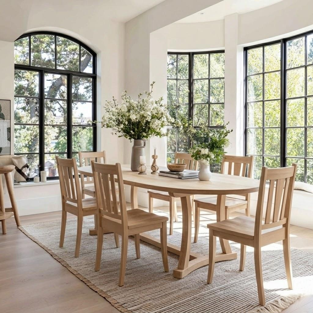 Dining room with wooden table and chairs near large windows.