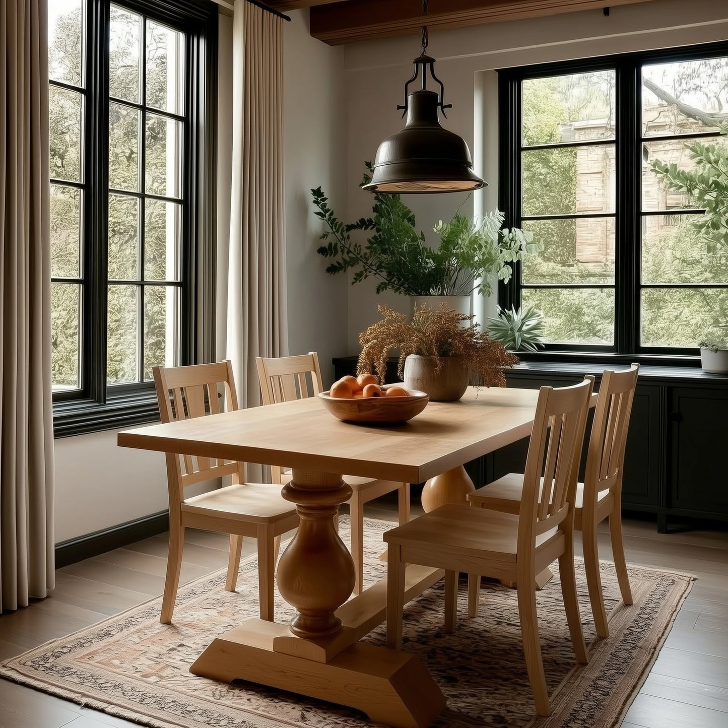 Dining room with wooden table and chairs near large windows.