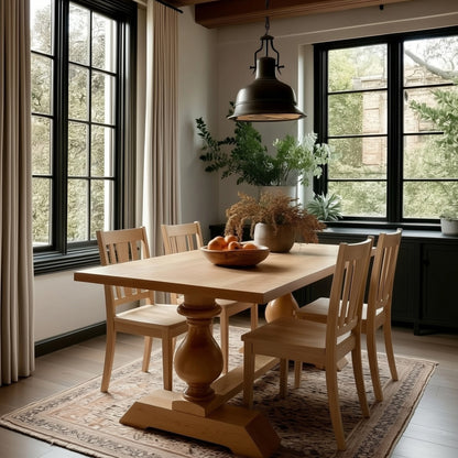 Dining room with wooden table and chairs near large windows.