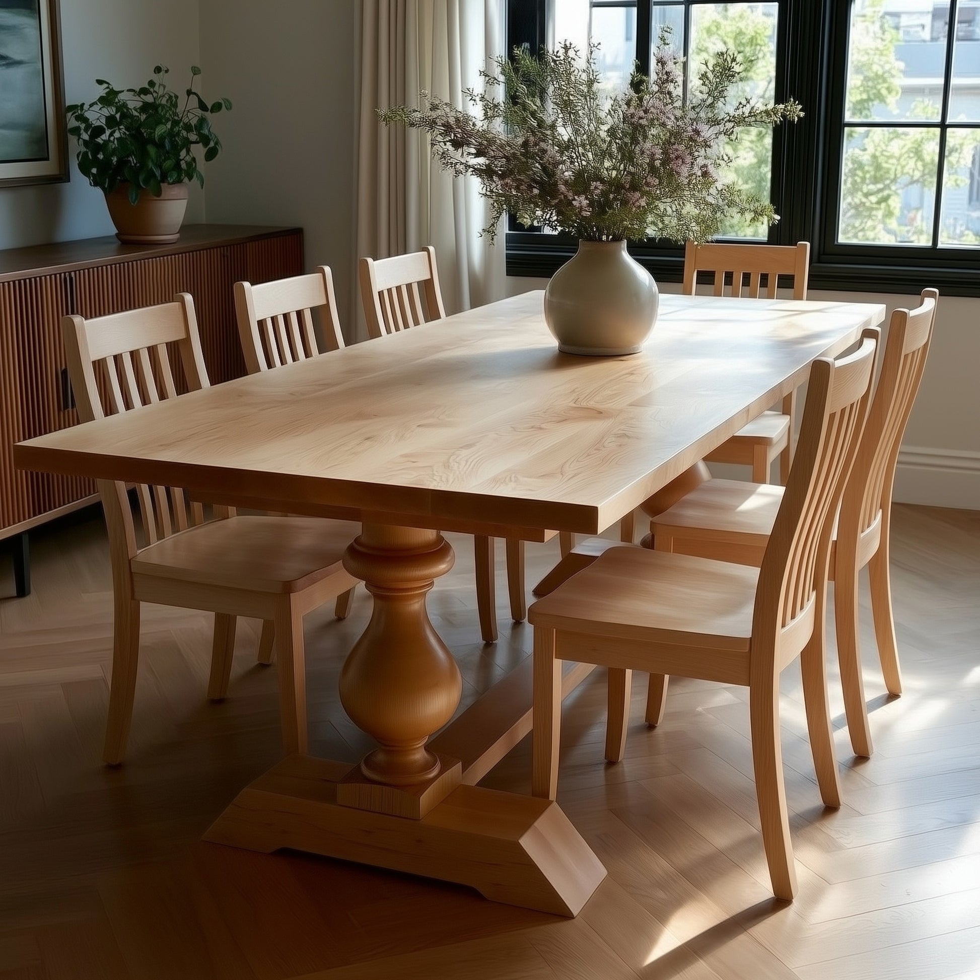 Wooden dining table with chairs in a room with large windows and plants.