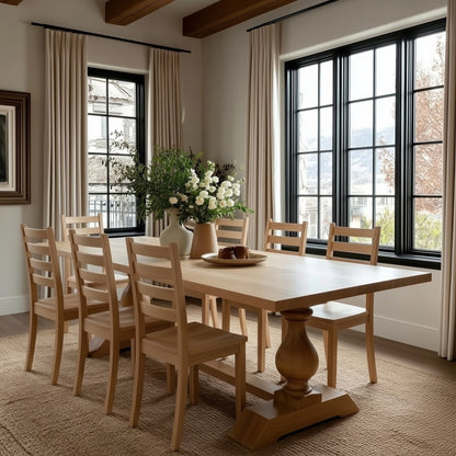 Dining room with wooden table and chairs near large windows.