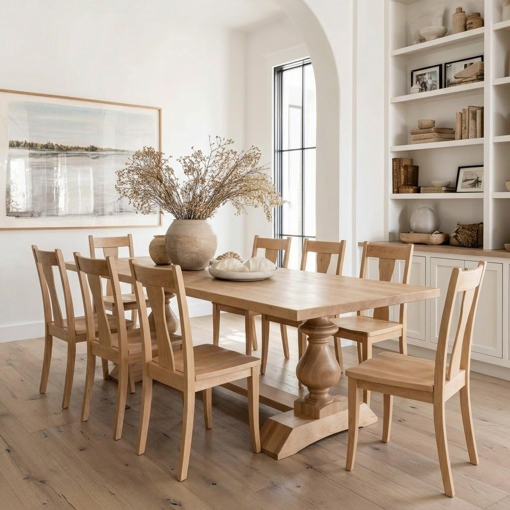 A light natural wood dining table with six matching wooden chairs, styled in a bright, modern dining room with a large vase of dried branches on top.