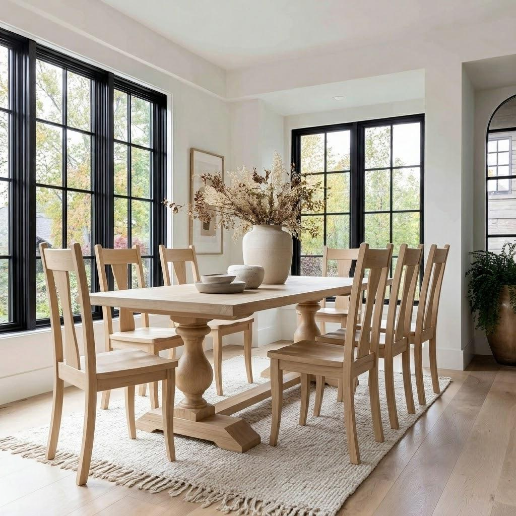 Dining room with wooden table and chairs in a bright room with large windows.