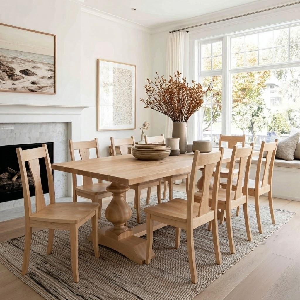 A light natural wood dining table with matching wooden chairs in a bright, modern dining room with a fireplace, large windows, and neutral-toned decor.