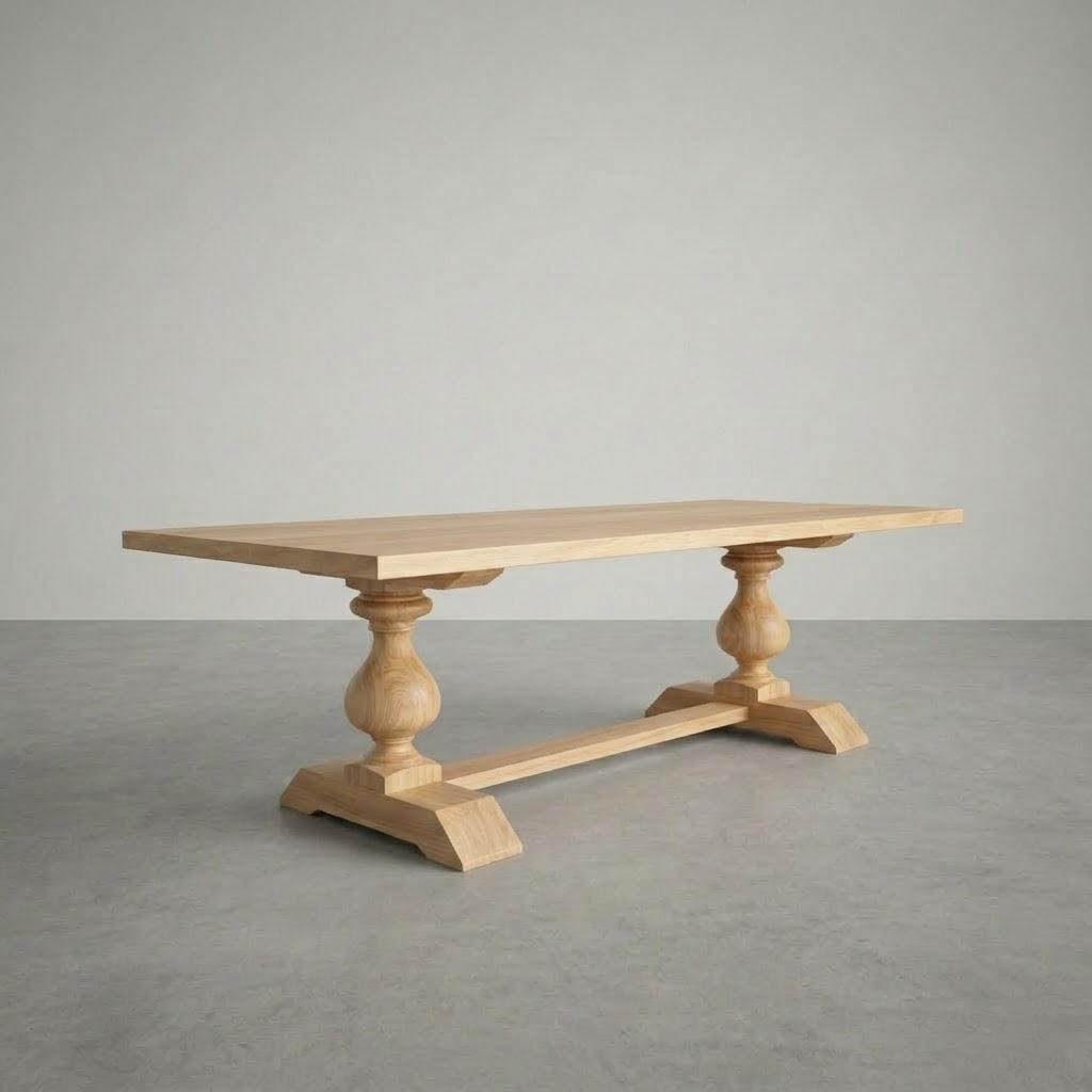 Wooden table with decorative legs on a gray floor and background