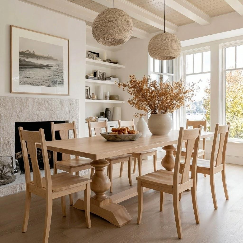 A light natural wood dining table with six matching wooden chairs in a bright, modern dining room with a stone fireplace, white shelves, and two woven pendant lights.