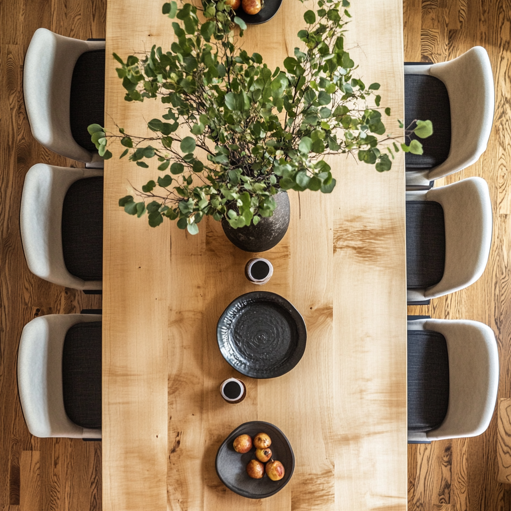 A elegant dining table with wooden legs and a rectangular shape, placed in a room with a fireplace and large windows, with chairs around it and a patterned rug underneath.