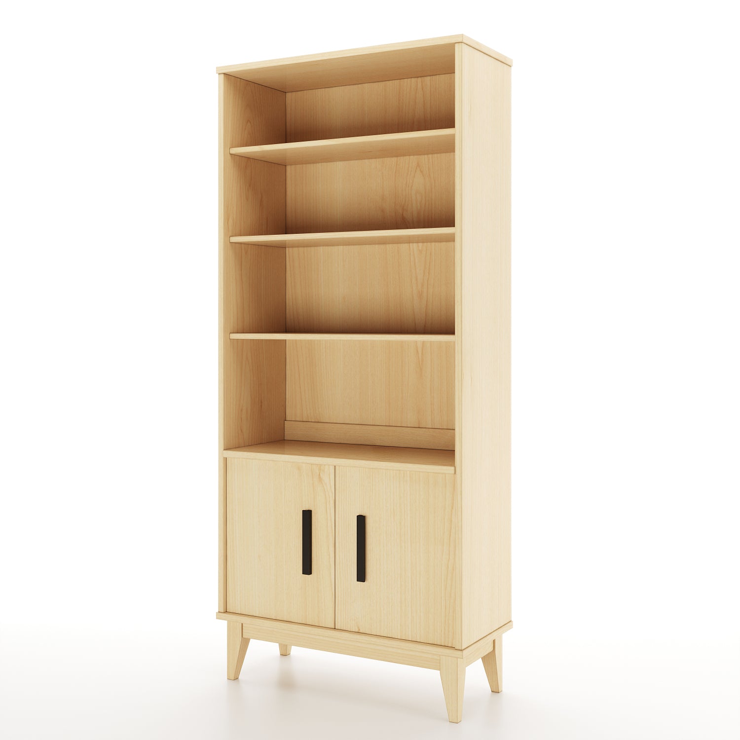 Maple bookcase facing camera at an angle on white background