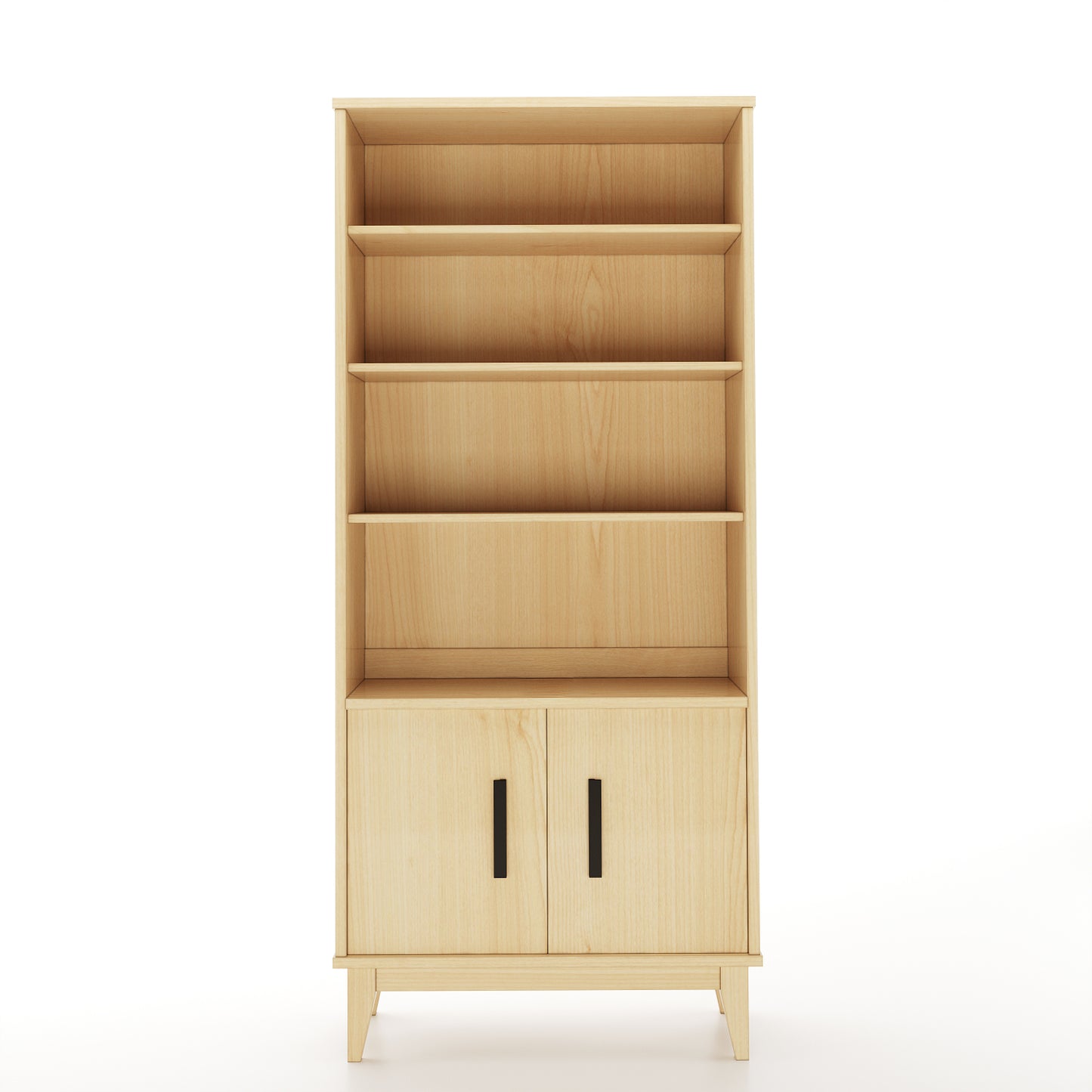 Maple bookcase facing camera on white background