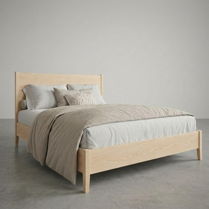 Wooden bed with beige bedding against a gray background