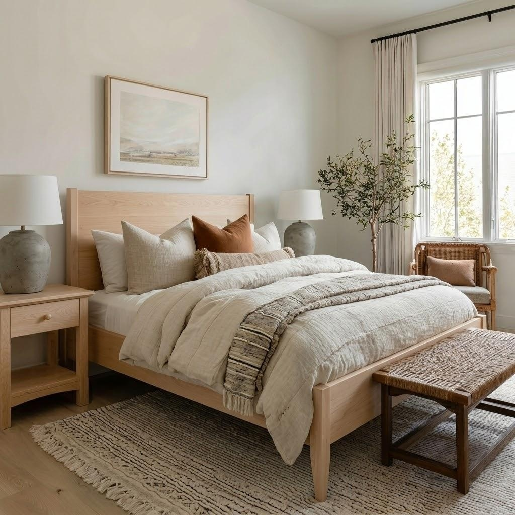 Neatly made bed in a bedroom with wooden headboard, pillows, and a bench.