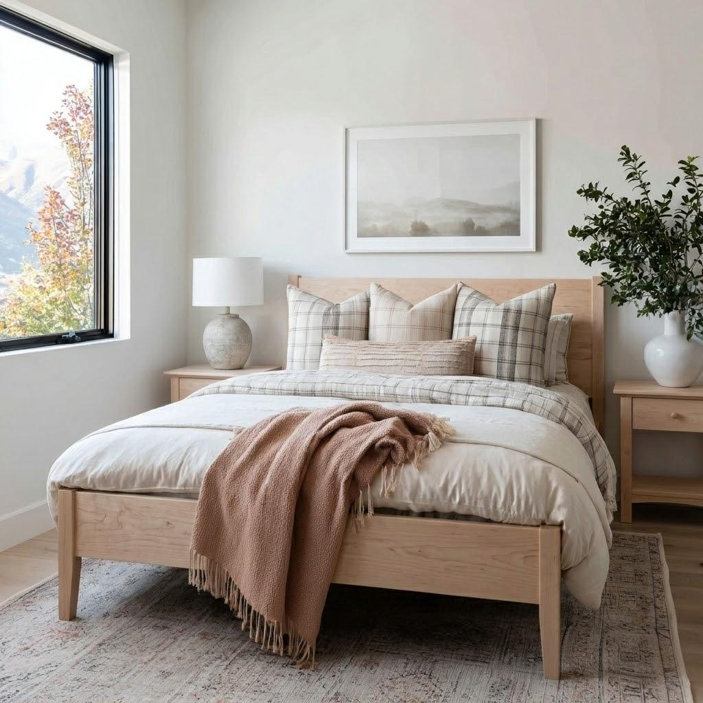 Neatly made bed with wooden headboard in a bright bedroom with a window and decor.