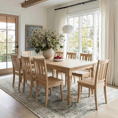 Dining room with wooden table and chairs, large window, and decorative elements.