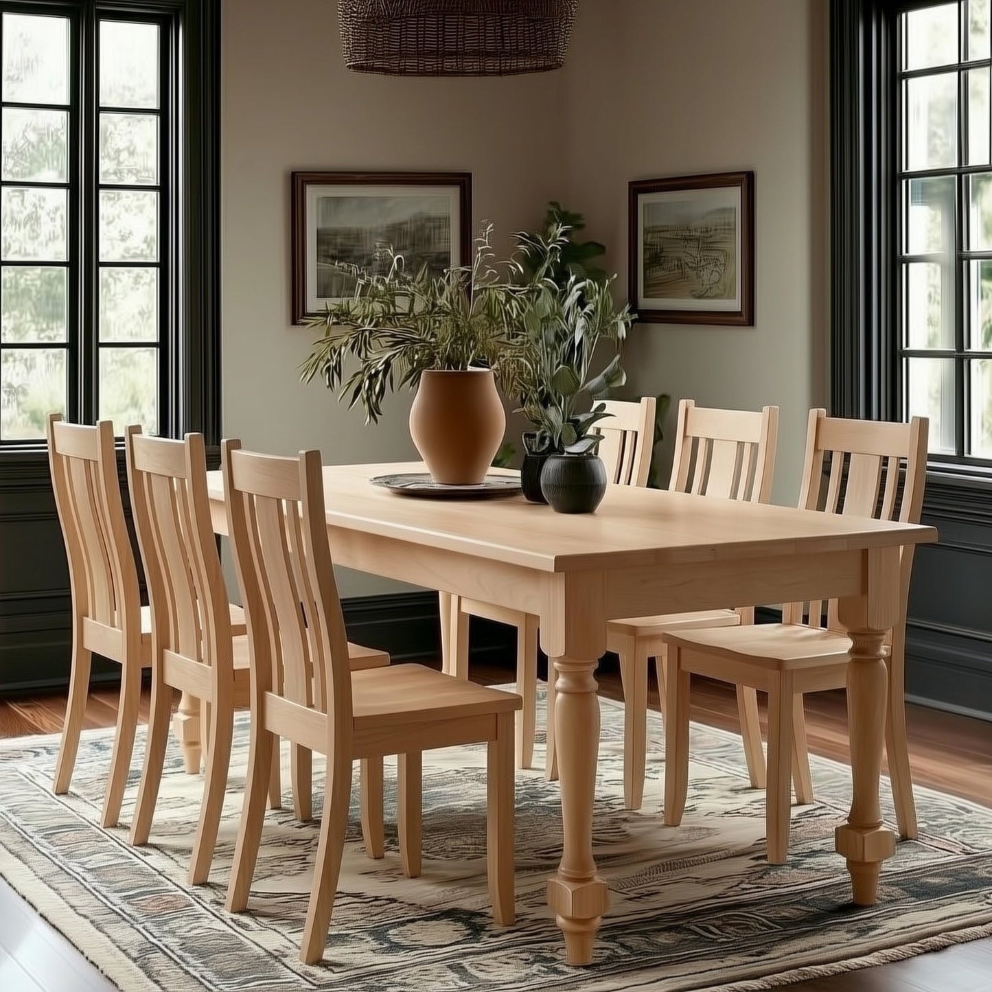 Dining room with wooden table and chairs, plants, and large windows.