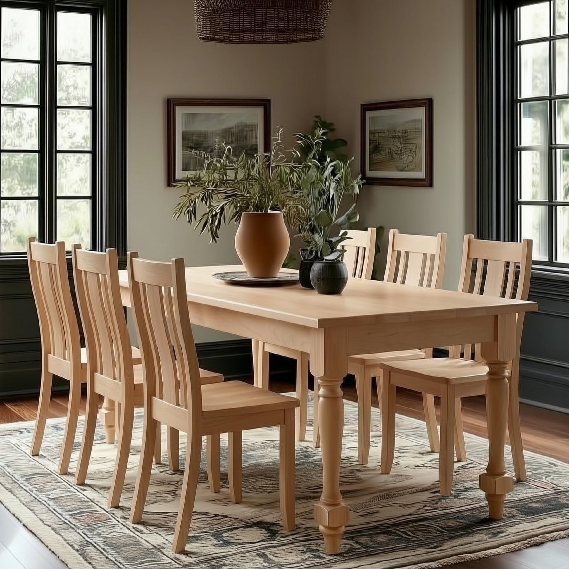 Dining room with wooden table and chairs, plants, and large windows.