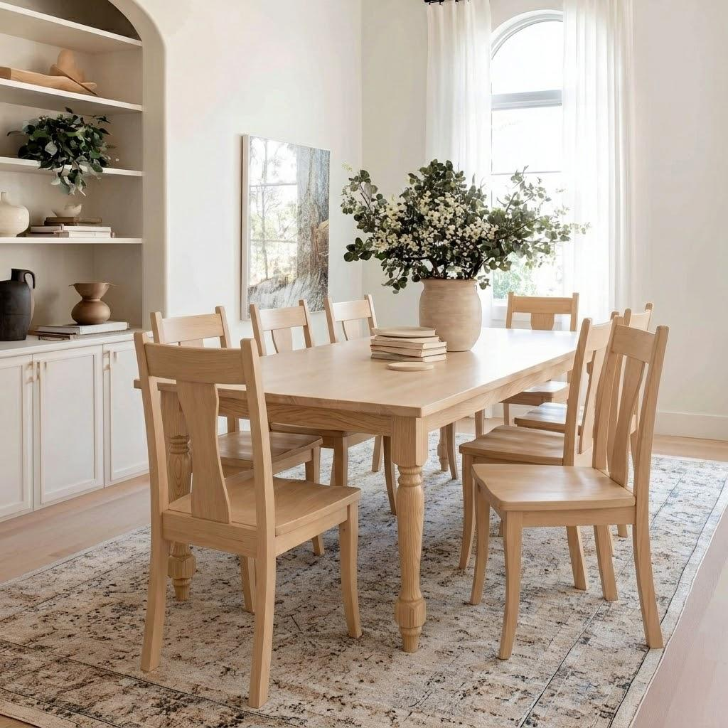 Dining room with wooden table and chairs, white walls, and decorative elements.